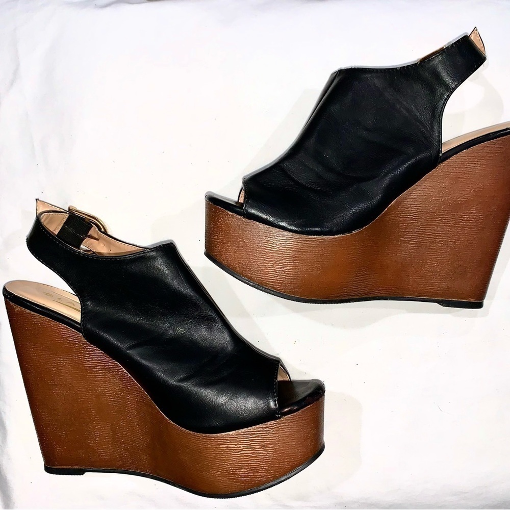 Glaze Platform Wedge Slingback peep toe Sandals Brown and Black size 8 - Picture 3 of 11